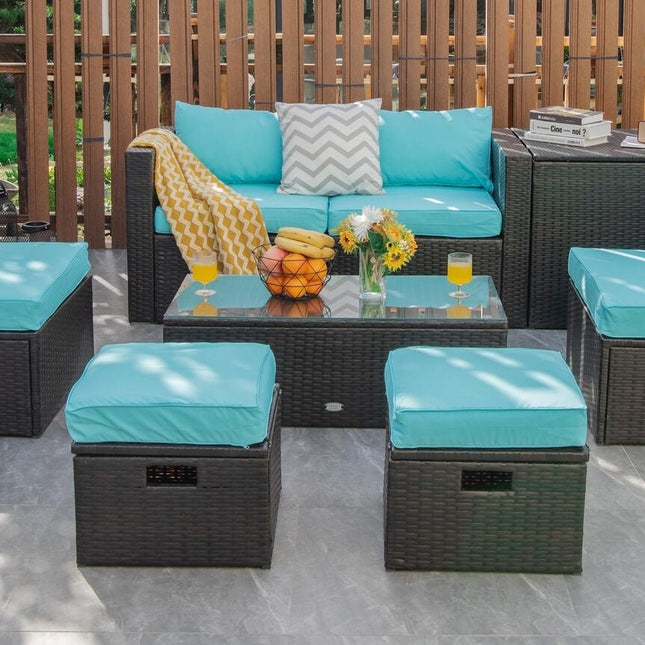 8 Pieces Patio Space - Saving Rattan Furniture Set with Storage Box and Waterproof Cover - Turquoise - Patio Furniture | Patioza