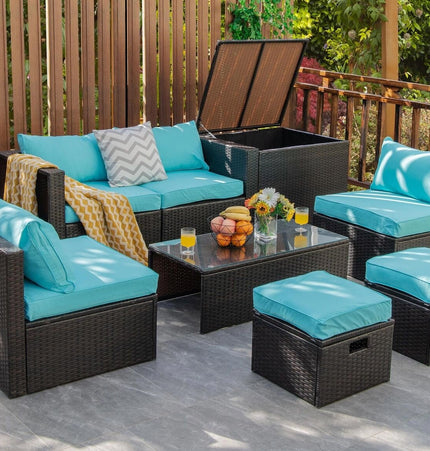 8 Pieces Patio Space - Saving Rattan Furniture Set with Storage Box and Waterproof Cover - Turquoise - Patio Furniture | Patioza