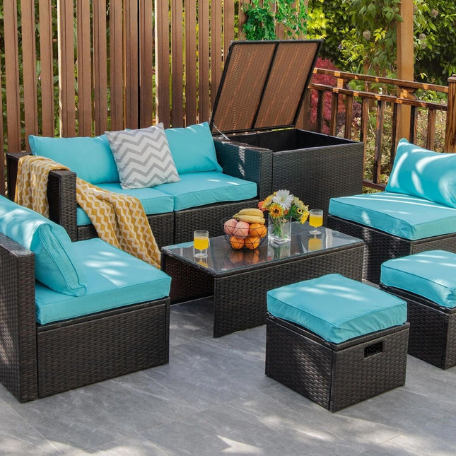 8 Pieces Patio Space - Saving Rattan Furniture Set with Storage Box and Waterproof Cover - Turquoise - Patio Furniture | Patioza