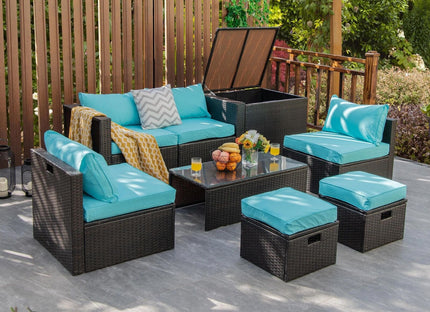 8 Pieces Patio Space - Saving Rattan Furniture Set with Storage Box and Waterproof Cover - Turquoise - Patio Furniture | Patioza