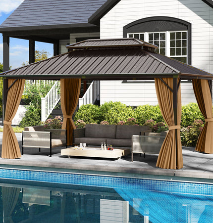 16 x 12 Feet Hardtop Gazebo Aluminum Frame Permanent Pavilion with Curtains and Netting-Coffee - | Patioza