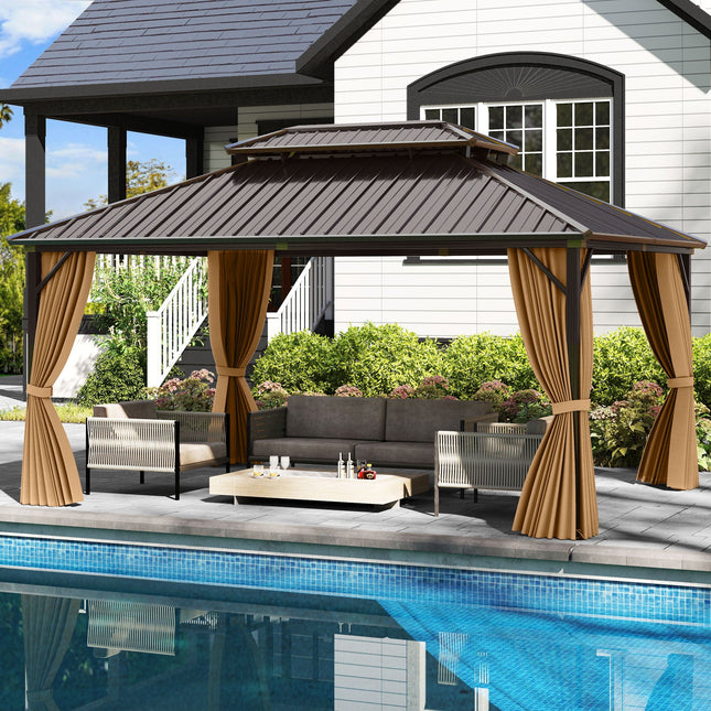 16 x 12 Feet Hardtop Gazebo Aluminum Frame Permanent Pavilion with Curtains and Netting-Coffee - | Patioza