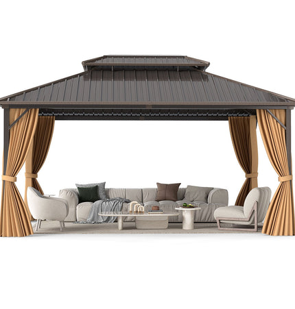 16 x 12 Feet Hardtop Gazebo Aluminum Frame Permanent Pavilion with Curtains and Netting-Coffee - | Patioza