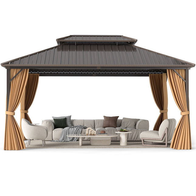 16 x 12 Feet Hardtop Gazebo Aluminum Frame Permanent Pavilion with Curtains and Netting-Coffee - | Patioza