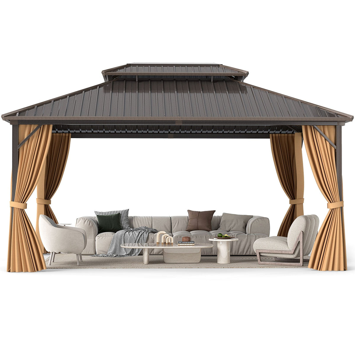 16 x 12 Feet Hardtop Gazebo Aluminum Frame Permanent Pavilion with Curtains and Netting-Coffee - | Patioza