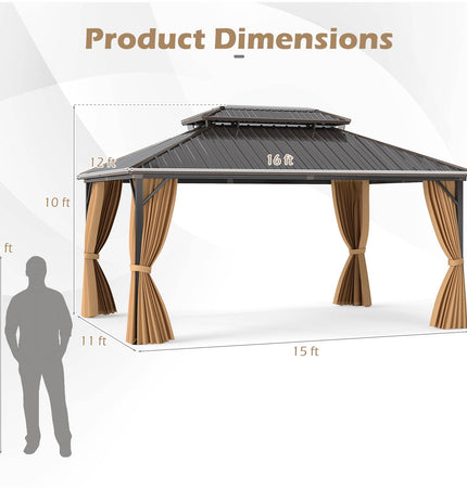 16 x 12 Feet Hardtop Gazebo Aluminum Frame Permanent Pavilion with Curtains and Netting-Coffee - | Patioza