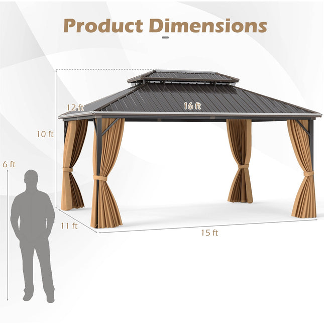 16 x 12 Feet Hardtop Gazebo Aluminum Frame Permanent Pavilion with Curtains and Netting-Coffee - | Patioza