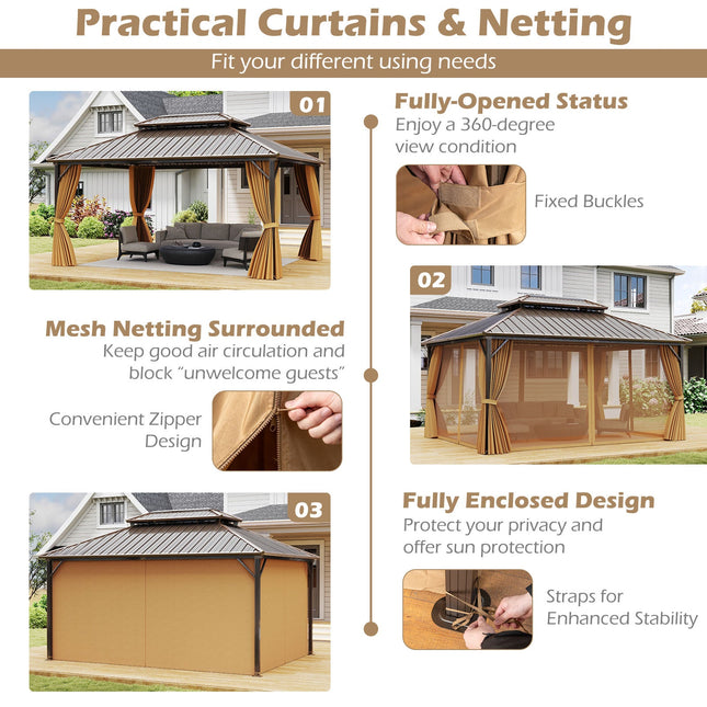 16 x 12 Feet Hardtop Gazebo Aluminum Frame Permanent Pavilion with Curtains and Netting-Coffee - | Patioza