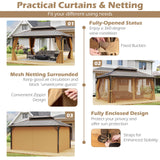 16 x 12 Feet Hardtop Gazebo Aluminum Frame Permanent Pavilion with Curtains and Netting-Coffee - | Patioza