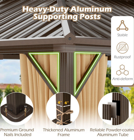 16 x 12 Feet Hardtop Gazebo Aluminum Frame Permanent Pavilion with Curtains and Netting-Coffee - | Patioza