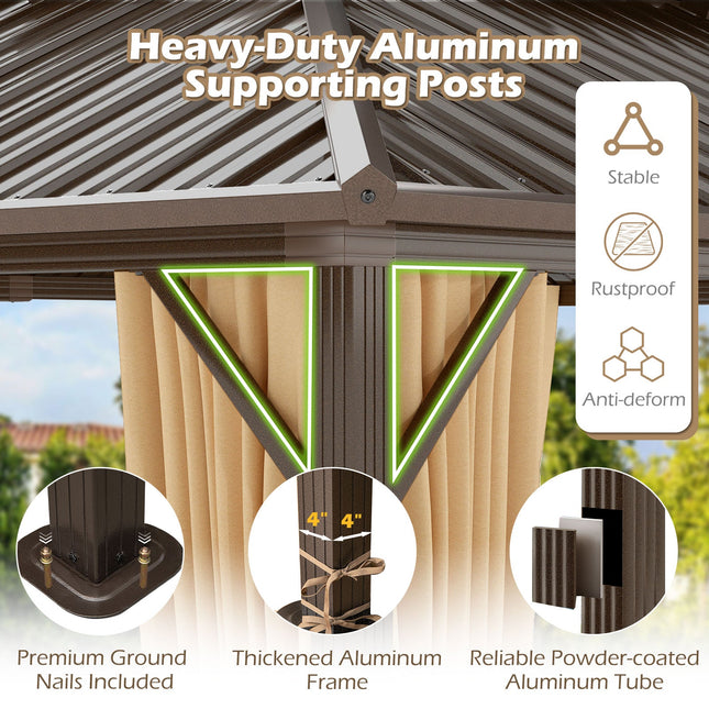 16 x 12 Feet Hardtop Gazebo Aluminum Frame Permanent Pavilion with Curtains and Netting-Coffee - | Patioza