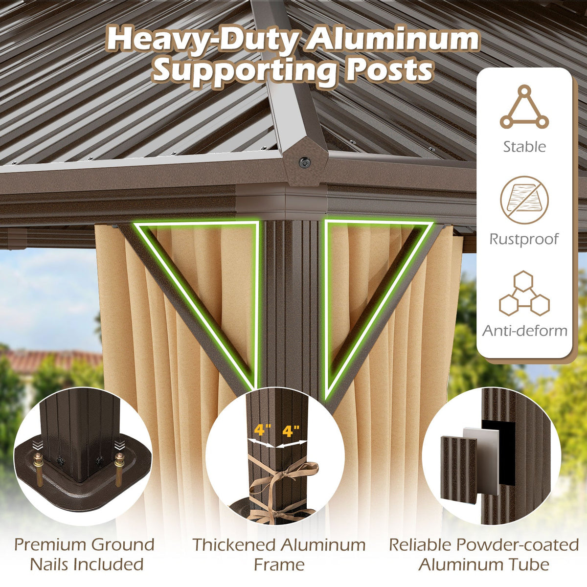 16 x 12 Feet Hardtop Gazebo Aluminum Frame Permanent Pavilion with Curtains and Netting-Coffee - | Patioza