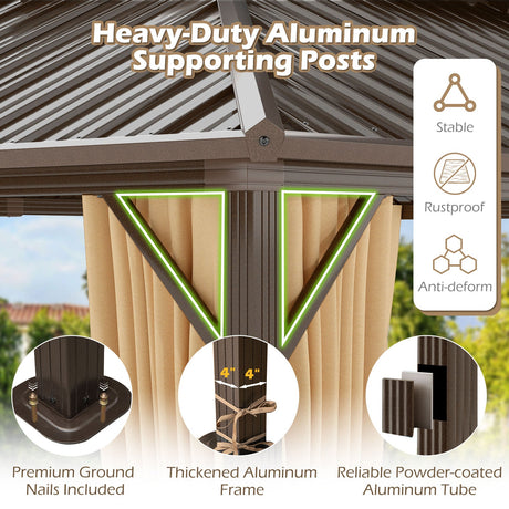 16 x 12 Feet Hardtop Gazebo Aluminum Frame Permanent Pavilion with Curtains and Netting-Coffee - | Patioza