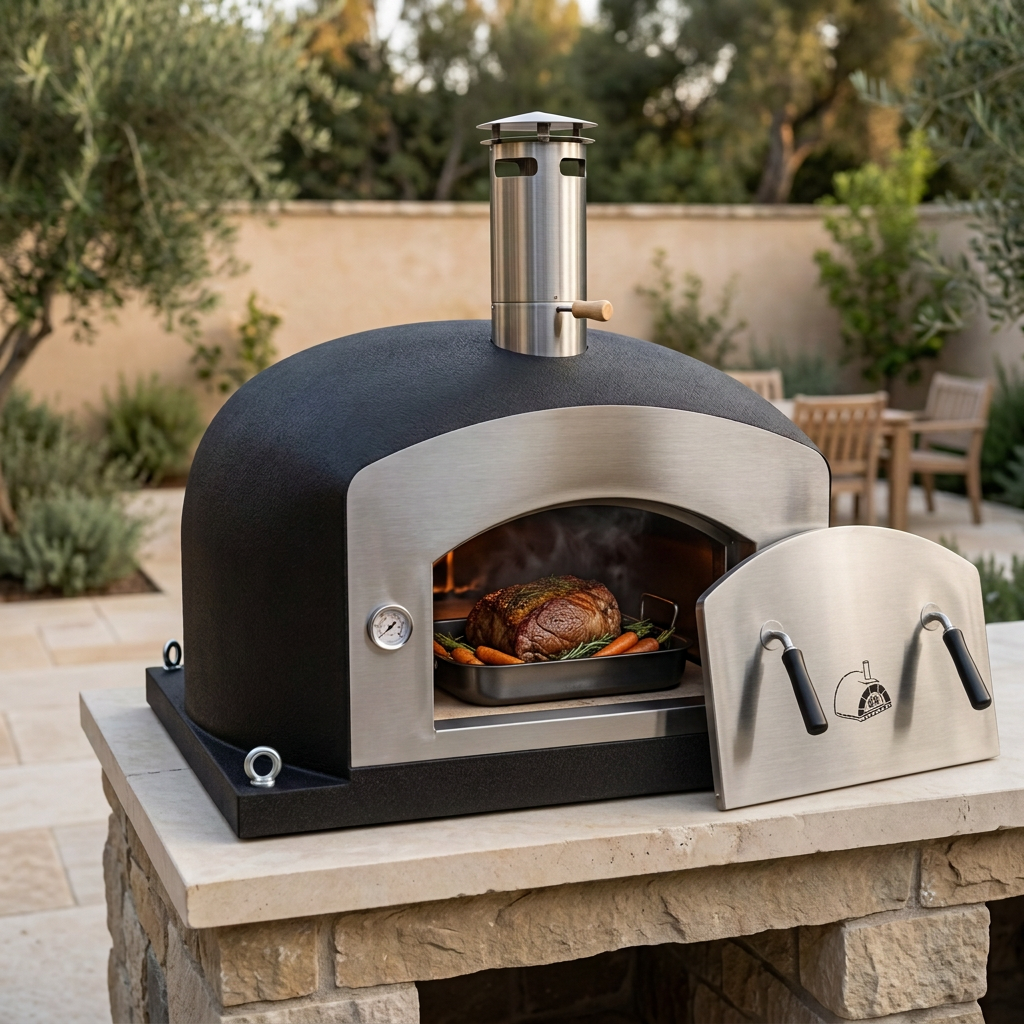Vision PRO oven slow-roasting beef in an outdoor patio setting