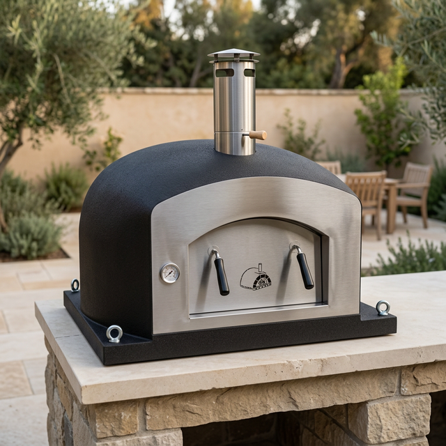 Vision PRO pizza oven in a natural stone patio setting