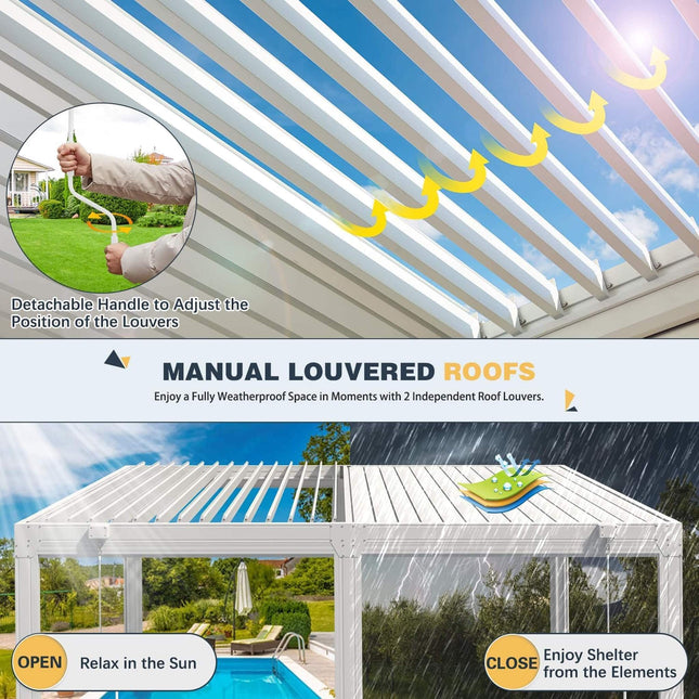 Alora White Louvered Aluminum Pergola With Adjustable Roof And Pull - Down Screens (SAK46817) - Pergolas | Patioza