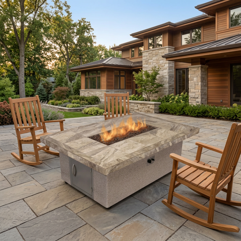 Wider patio view with the Cal Flame fire pit and wooden rocking chairs