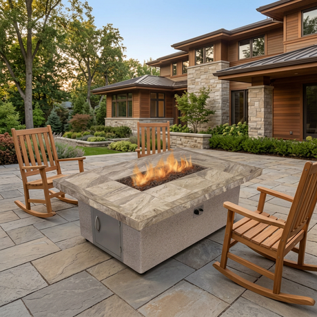 Wider patio view with the Cal Flame fire pit and wooden rocking chairs