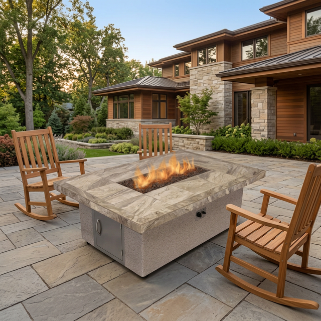 Wider patio view with the Cal Flame fire pit and wooden rocking chairs